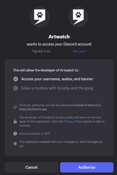 Discord asking you to authorize ArtWatch to see your username