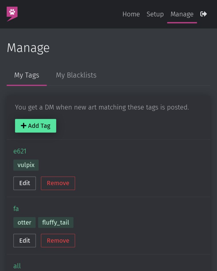 The ArtWatch manage page with the My Tags and My Blacklists tabs