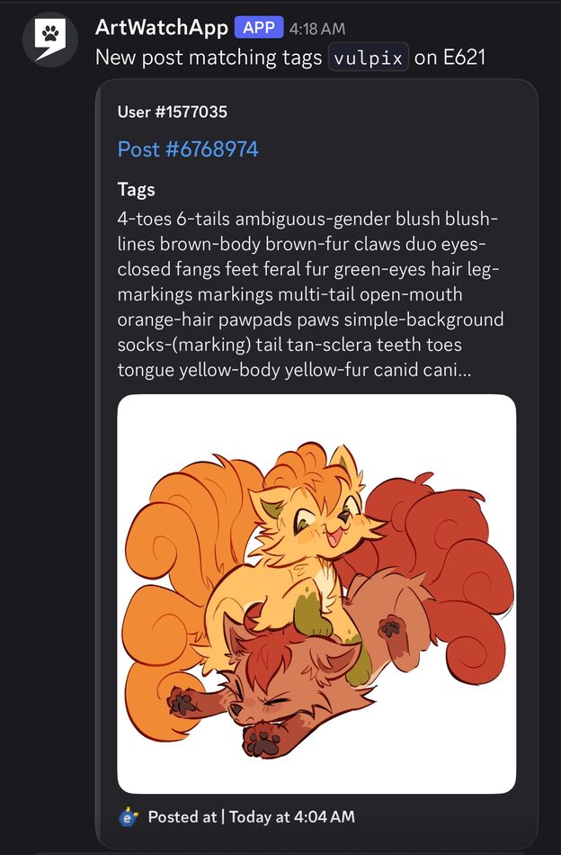 A Discord DM from the ArtWatchApp bot with a new post matching your tags
